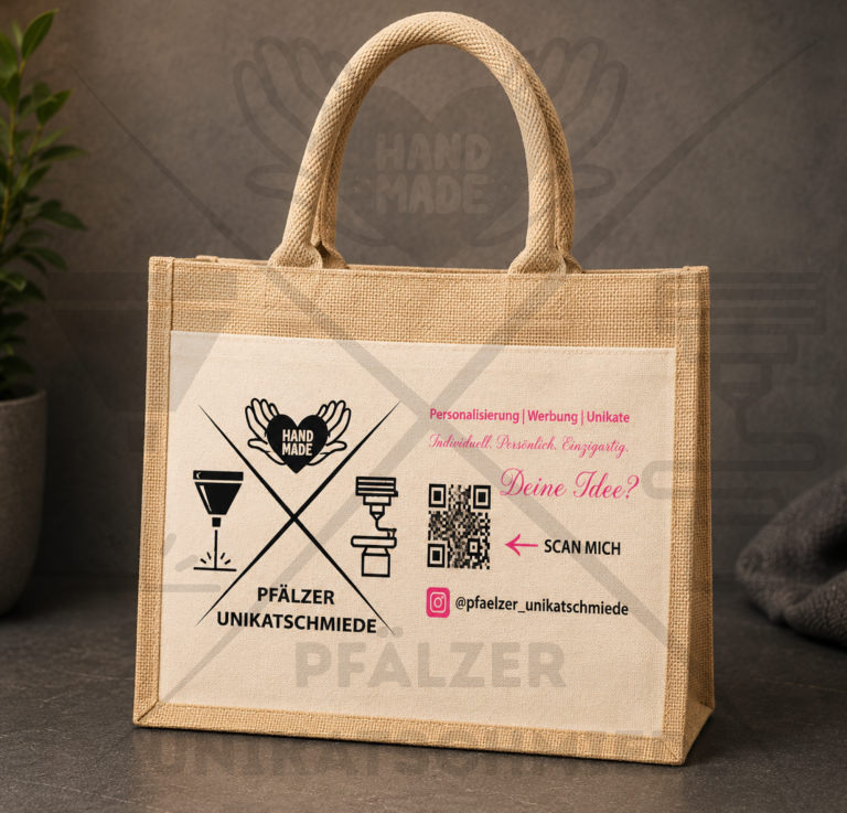 Personalisierte Jutetasche mehrfarbig Dubbeglas mit Lasergravur