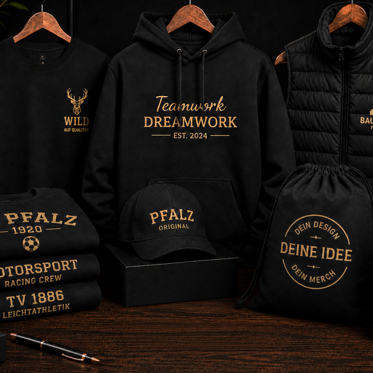 Schwarze Bekleidung und Zubehör mit sportlichen Designs und Logos.