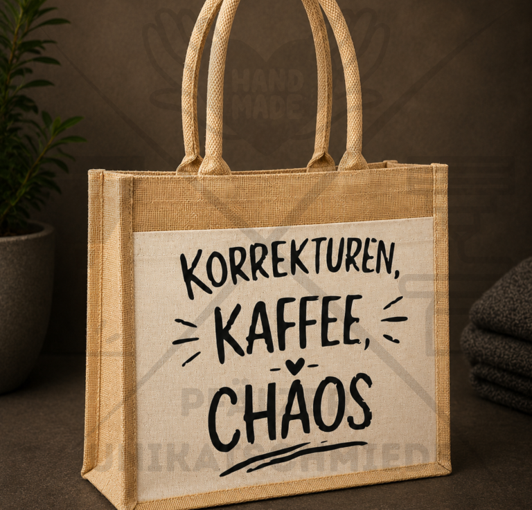 Jutetasche bedruckt Dubbeglas mit Lasergravur